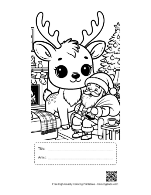 Thumbnail: Cute Reindeer and Santa Claus Celebrating Together Festive Holiday Coloring Printable with Title and Artist Box