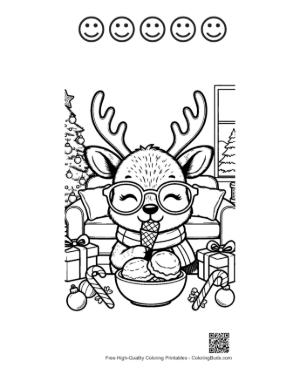 Thumbnail: Cute Reindeer Enjoying a Sundae in a Cozy Room Holiday Dessert Coloring Sheet Printable and 5 Happy Face Outline