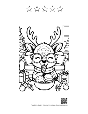 Thumbnail: Cute Reindeer Enjoying a Sundae in a Cozy Room Holiday Dessert Coloring Sheet Printable and 5 Star Outline