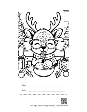 Thumbnail: Cute Reindeer Enjoying a Sundae in a Cozy Room Holiday Dessert Coloring Sheet Printable with Title and Artist Box