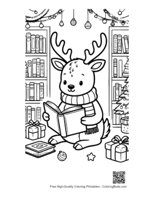 Thumbnail: Cute Reindeer Sitting in a Library Reading a Big Book Cozy Coloring Sheet Printable