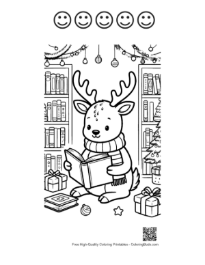 Thumbnail: Cute Reindeer Sitting in a Library Reading a Big Book Cozy Coloring Sheet Printable and 5 Happy Face Outline
