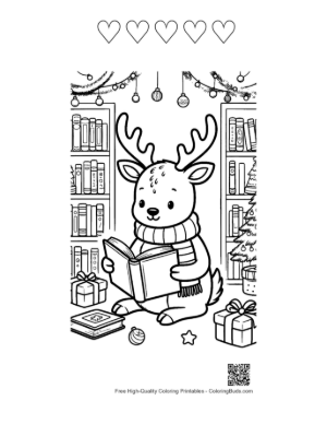 Thumbnail: Cute Reindeer Sitting in a Library Reading a Big Book Cozy Coloring Sheet Printable and 5 Heart Outline
