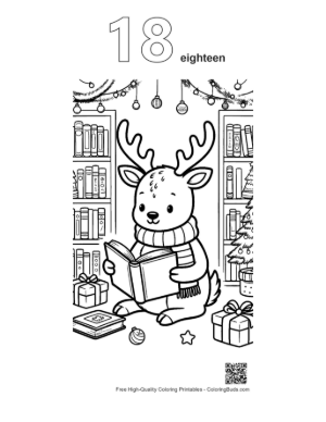 Thumbnail: Cute Reindeer Sitting in a Library Reading a Big Book Cozy Coloring Sheet Printable Outline Number 18