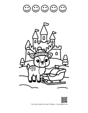 Thumbnail: Cute Reindeer Wearing a Winter Cap by an Ice Fortress Holiday Coloring Page Printable and 5 Happy Face Outline