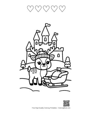Thumbnail: Cute Reindeer Wearing a Winter Cap by an Ice Fortress Holiday Coloring Page Printable and 5 Heart Outline