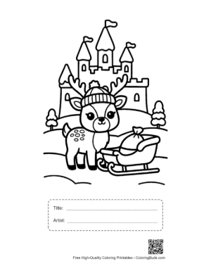 Thumbnail: Cute Reindeer Wearing a Winter Cap by an Ice Fortress Holiday Coloring Page Printable with Title and Artist Box
