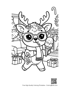 Thumbnail: Happy Reindeer Calf Eating a Delicious Ice Cream Cone Winter Treat Coloring Printable