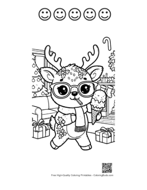 Thumbnail: Happy Reindeer Calf Eating a Delicious Ice Cream Cone Winter Treat Coloring Printable and 5 Happy Face Outline