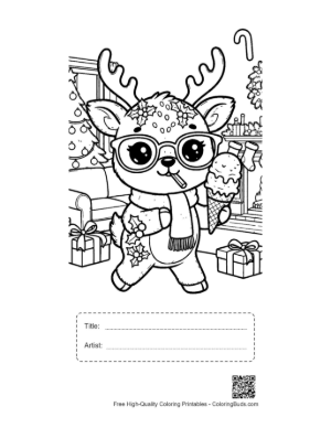 Thumbnail: Happy Reindeer Calf Eating a Delicious Ice Cream Cone Winter Treat Coloring Printable with Title and Artist Box