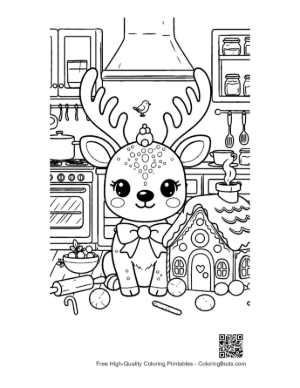 Thumbnail: Happy Reindeer Decorated with a Bow by a Candy House Christmas Coloring Page Printable