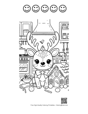 Thumbnail: Happy Reindeer Decorated with a Bow by a Candy House Christmas Coloring Page Printable and 5 Happy Face Outline