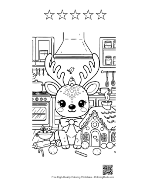 Thumbnail: Happy Reindeer Decorated with a Bow by a Candy House Christmas Coloring Page Printable and 5 Star Outline