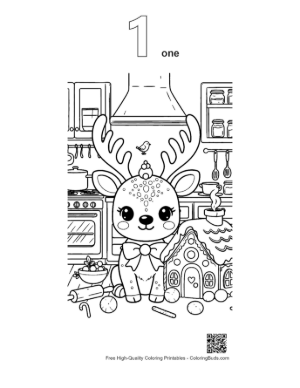 Thumbnail: Happy Reindeer Decorated with a Bow by a Candy House Christmas Coloring Page Printable Outline Number 1