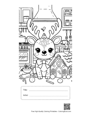 Thumbnail: Happy Reindeer Decorated with a Bow by a Candy House Christmas Coloring Page Printable with Title and Artist Box