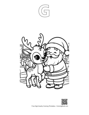 Thumbnail: Happy Reindeer Standing with Santa Claus in a Winter Room Christmas Coloring Printable Outline Alphabet G