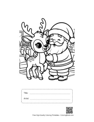 Thumbnail: Happy Reindeer Standing with Santa Claus in a Winter Room Christmas Coloring Printable with Title and Artist Box