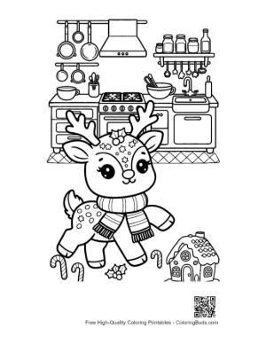 Thumbnail: Little Reindeer Calf Baking Christmas Cookies Winter Kitchen Coloring Book Printable