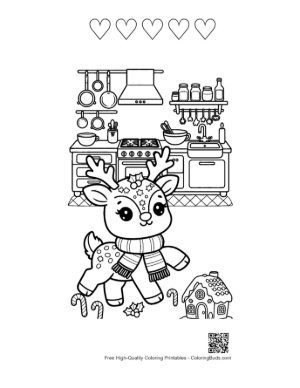 Thumbnail: Little Reindeer Calf Baking Christmas Cookies Winter Kitchen Coloring Book Printable and 5 Heart Outline