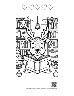 Thumbnail: Little Reindeer Calf Enjoying a Storybook by the Bookshelves Holiday Coloring Printable and 5 Heart Outline