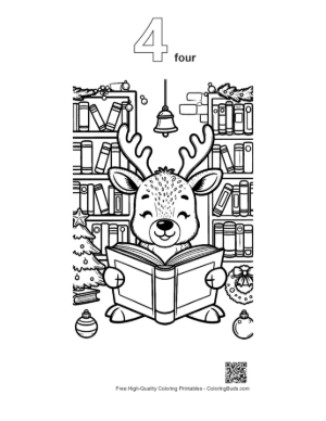 Thumbnail: Little Reindeer Calf Enjoying a Storybook by the Bookshelves Holiday Coloring Printable Outline Number 4