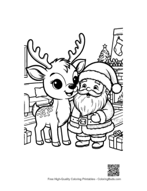 Thumbnail: Little Reindeer Calf Hugging Santa Claus Heartwarming Christmas Coloring Page Printable