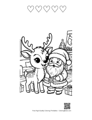 Thumbnail: Little Reindeer Calf Hugging Santa Claus Heartwarming Christmas Coloring Page Printable and 5 Heart Outline