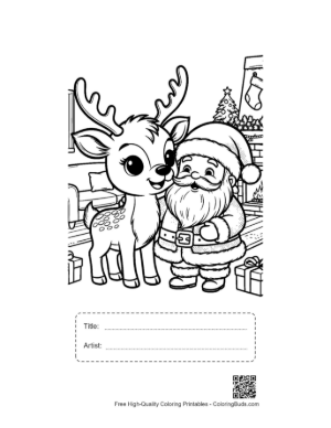 Thumbnail: Little Reindeer Calf Hugging Santa Claus Heartwarming Christmas Coloring Page Printable with Title and Artist Box