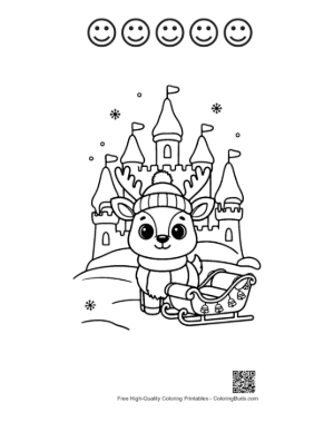 Thumbnail: Little Reindeer Calf in Front of a Magical Snow Castle - Winter Theme Coloring Printable and 5 Happy Face Outline