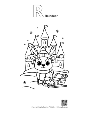 Thumbnail: Little Reindeer Calf in Front of a Magical Snow Castle - Winter Theme Coloring Printable Outline Alphabet R Reindeer