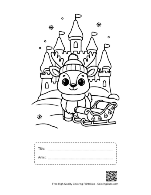 Thumbnail: Little Reindeer Calf in Front of a Magical Snow Castle - Winter Theme Coloring Printable with Title and Artist Box