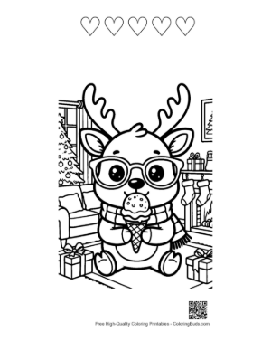 Thumbnail: Little Reindeer Wearing Glasses and Eating Ice Cream with Smart Cat Coloring Page Printable and 5 Heart Outline