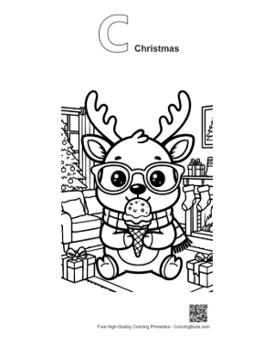Thumbnail: Little Reindeer Wearing Glasses and Eating Ice Cream with Smart Cat Coloring Page Printable Outline Alphabet C Christmas