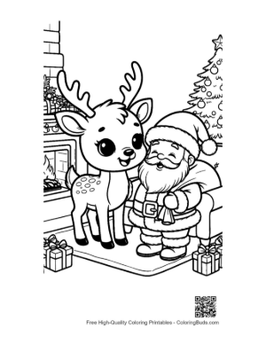 Thumbnail: Reindeer Calf and Santa Claus Looking at Holiday Gifts Festive Coloring Page Printable