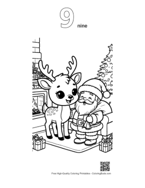 Thumbnail: Reindeer Calf and Santa Claus Looking at Holiday Gifts Festive Coloring Page Printable Outline Number 9