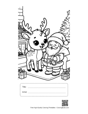 Thumbnail: Reindeer Calf and Santa Claus Looking at Holiday Gifts Festive Coloring Page Printable with Title and Artist Box