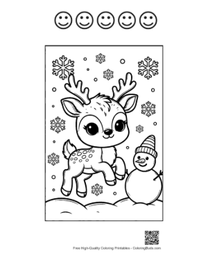 Thumbnail: Reindeer Calf Building a Snowman in the Winter Woods Holiday Coloring Sheet Printable and 5 Happy Face Outline