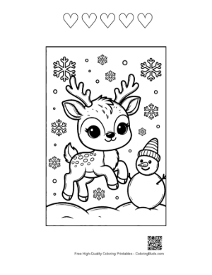 Thumbnail: Reindeer Calf Building a Snowman in the Winter Woods Holiday Coloring Sheet Printable and 5 Heart Outline