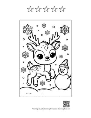 Thumbnail: Reindeer Calf Building a Snowman in the Winter Woods Holiday Coloring Sheet Printable and 5 Star Outline