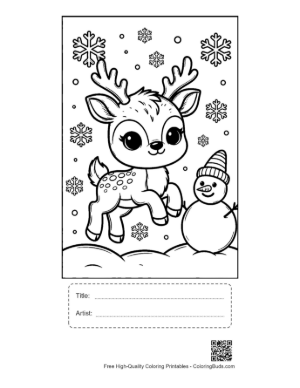 Thumbnail: Reindeer Calf Building a Snowman in the Winter Woods Holiday Coloring Sheet Printable with Title and Artist Box