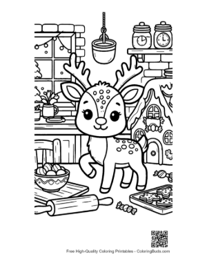Thumbnail: Reindeer Calf Helping with Holiday Baking in the Kitchen Cute Coloring Page Printable