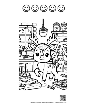 Thumbnail: Reindeer Calf Helping with Holiday Baking in the Kitchen Cute Coloring Page Printable and 5 Happy Face Outline