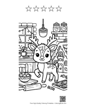 Thumbnail: Reindeer Calf Helping with Holiday Baking in the Kitchen Cute Coloring Page Printable and 5 Star Outline