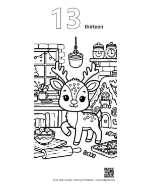 Thumbnail: Reindeer Calf Helping with Holiday Baking in the Kitchen Cute Coloring Page Printable Outline Number 13