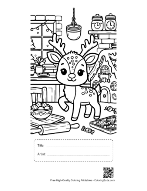 Thumbnail: Reindeer Calf Helping with Holiday Baking in the Kitchen Cute Coloring Page Printable with Title and Artist Box