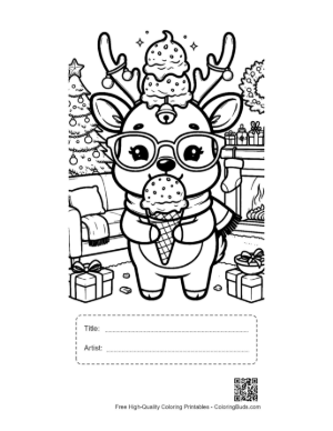 Thumbnail: Reindeer Calf Holding a Triple Scoop Ice Cream Cone Festive Fun Coloring Printable with Title and Artist Box