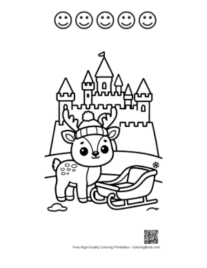 Thumbnail: Reindeer Calf Standing Near a Winter Ice Castle and Sleigh Fantasy Coloring Printable and 5 Happy Face Outline