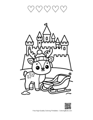 Thumbnail: Reindeer Calf Standing Near a Winter Ice Castle and Sleigh Fantasy Coloring Printable and 5 Heart Outline