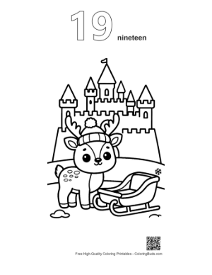 Thumbnail: Reindeer Calf Standing Near a Winter Ice Castle and Sleigh Fantasy Coloring Printable Outline Number 19