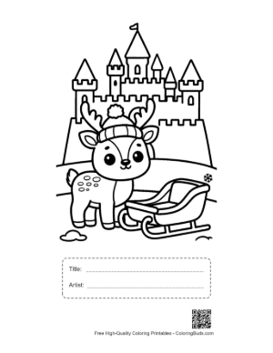 Thumbnail: Reindeer Calf Standing Near a Winter Ice Castle and Sleigh Fantasy Coloring Printable with Title and Artist Box